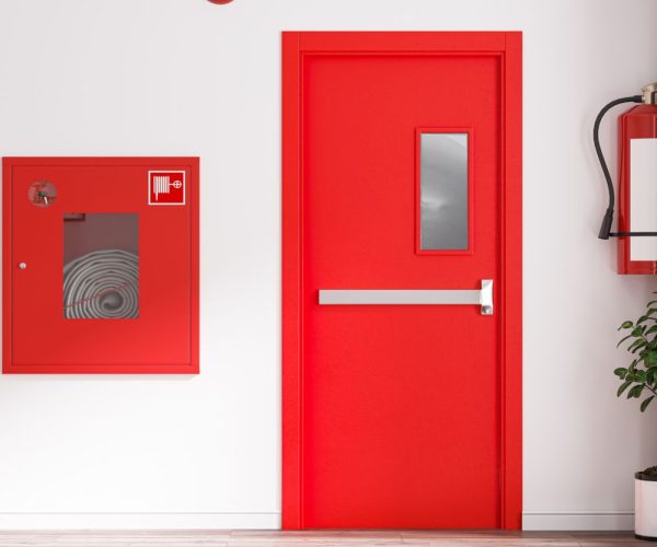 Fire exit door for emergency office. Building Emergency Exit with Exit Sign and Fire Extinguisher. Fire extinguisher cabinet in the hall of office building for preparing to prevent fire.
